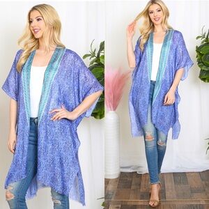 NEW ARRIVAL LIGHTWEIGHT LEAF PRINT INLINE BOHO OPEN FRONT KIMONO-TURQUOISE